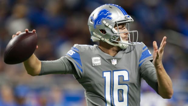 Detroit Lions quarterback Jared Goff (16) passes the ball during the fourth quarter against the Minnesota Vikings at Ford Field.